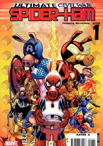 Okładka książki Ultimate Civil War: Spider-Ham  #1 Nick Dragotta, Jim Mahfood, John Severin, Joseph Michael Straczynski, Mike Wieringo, Skottie Young