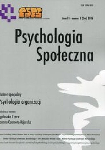 Okładka książki Psychologia Społeczna Tom 11 nr 1 (36) 2016 Joanna Czarnota-Bojarska, Agnieszka Czerw