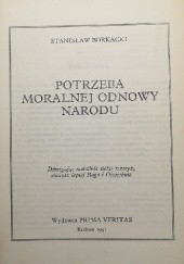 Okładka książki Potrzeba moralnej odnowy narodu Stanisław Borkacki